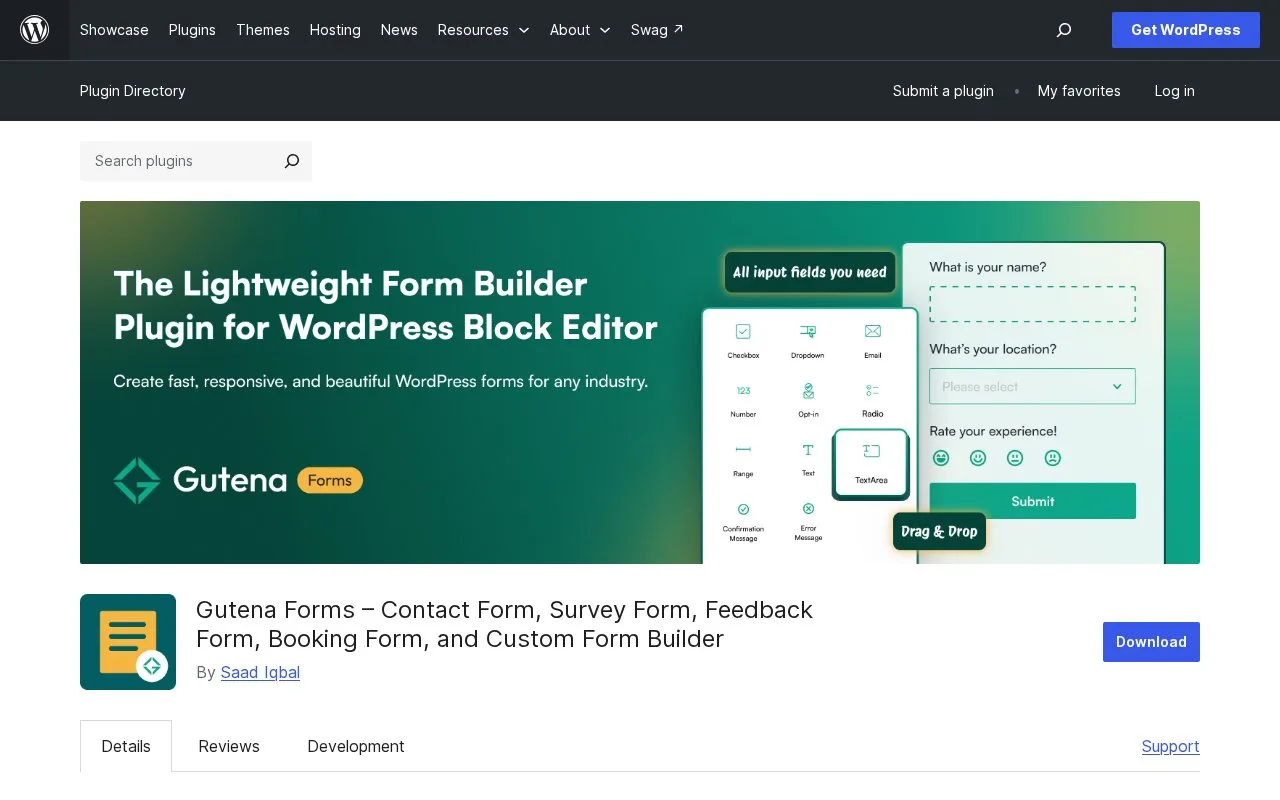 Screenshot of the Gutena Forms homepage