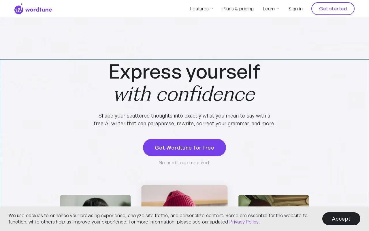 Screenshot of the Wordtune homepage