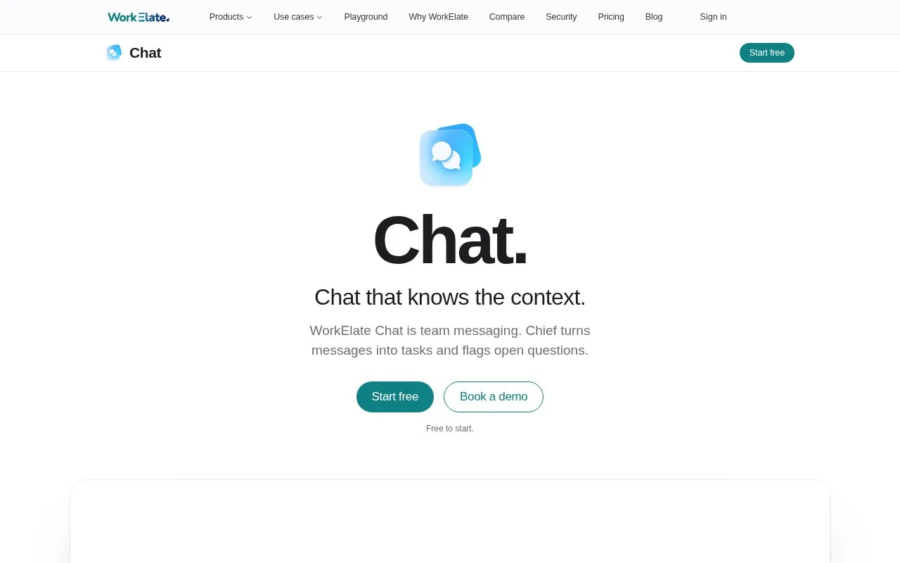 Screenshot of the WorkElate Chat homepage