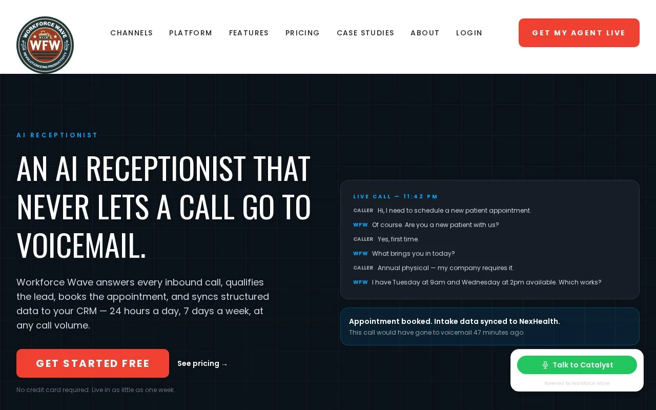 Screenshot of the Workforce Wave AI Receptionist homepage