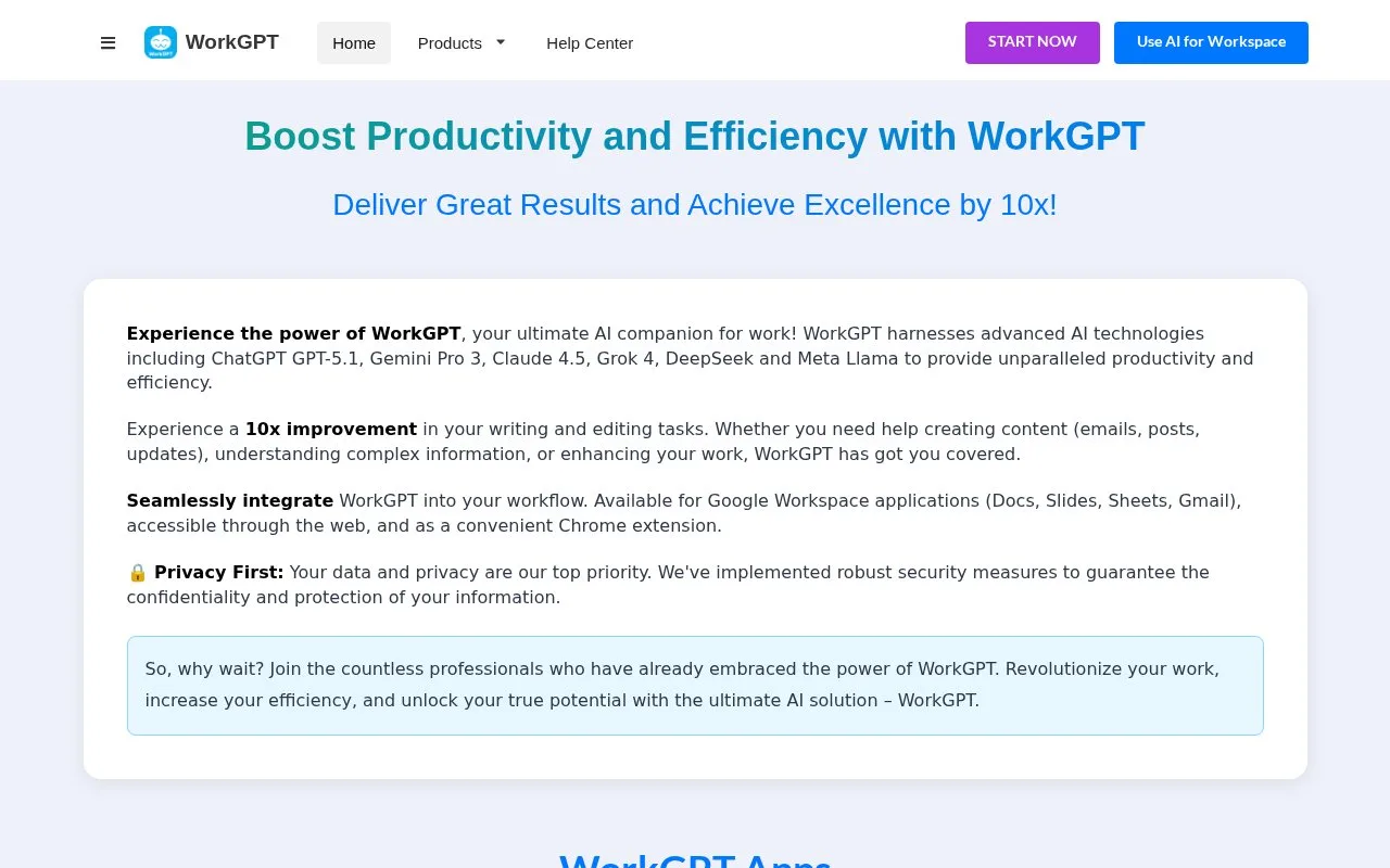 Screenshot of the WorkGPT homepage