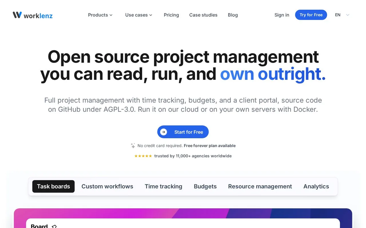 Screenshot of the Worklenz homepage