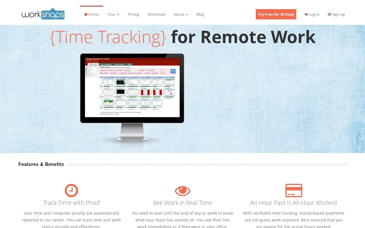 Screenshot of the Worksnaps homepage