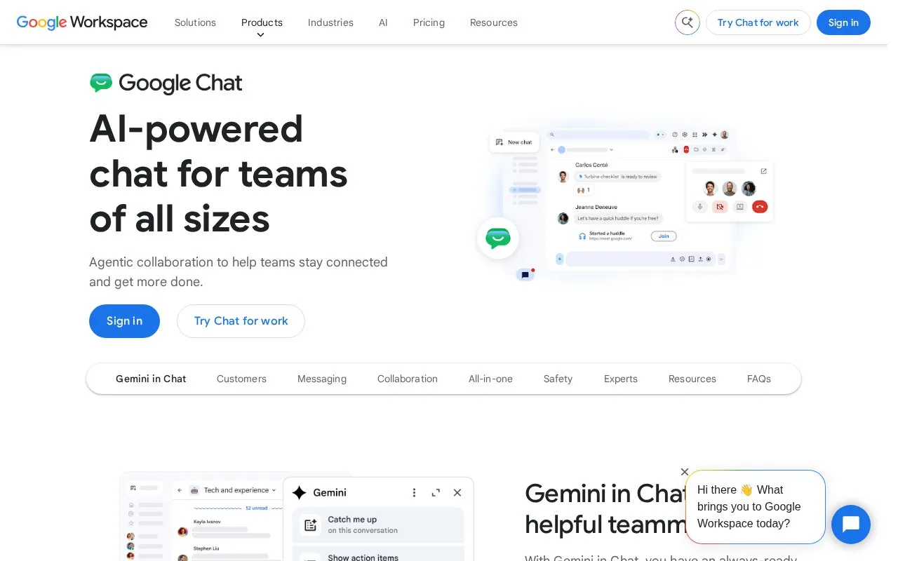 Screenshot of the Google Chat homepage