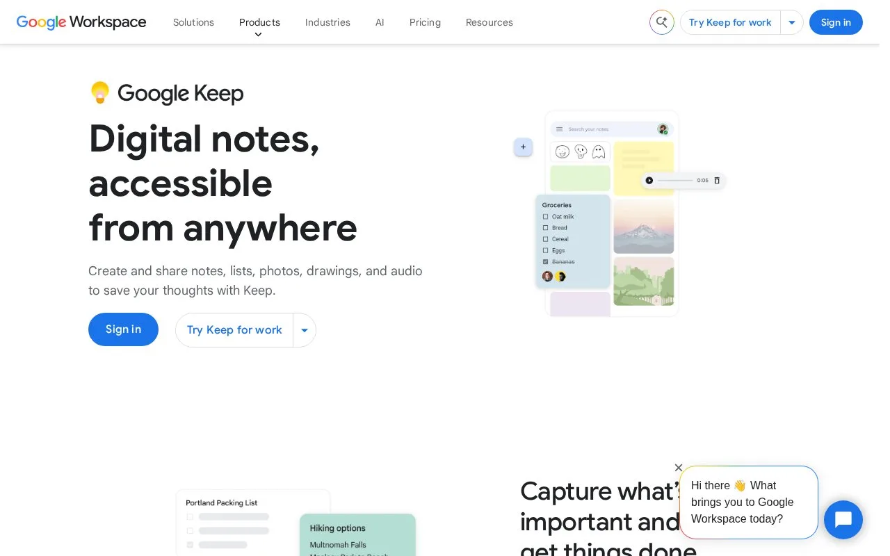 Screenshot of the Google Keep homepage