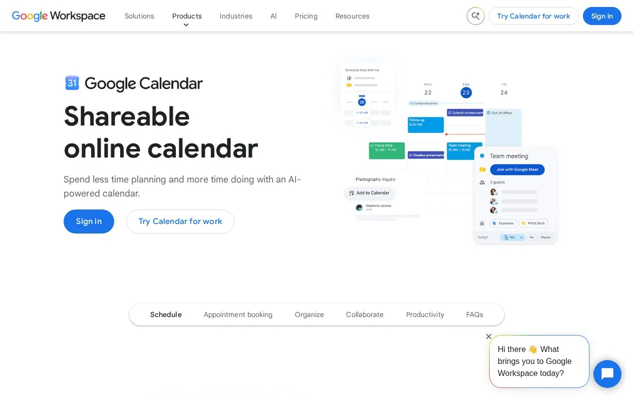 Screenshot of the Google Calendar homepage