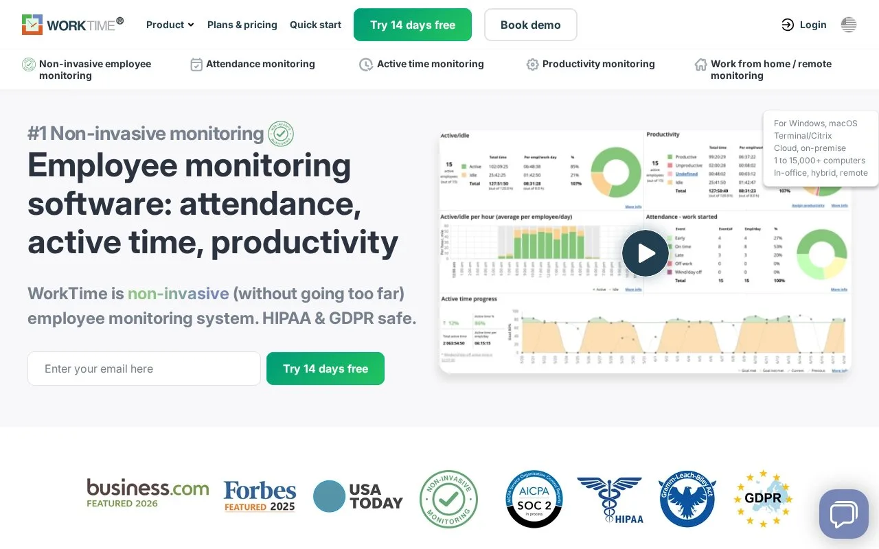 Screenshot of the WorkTime homepage