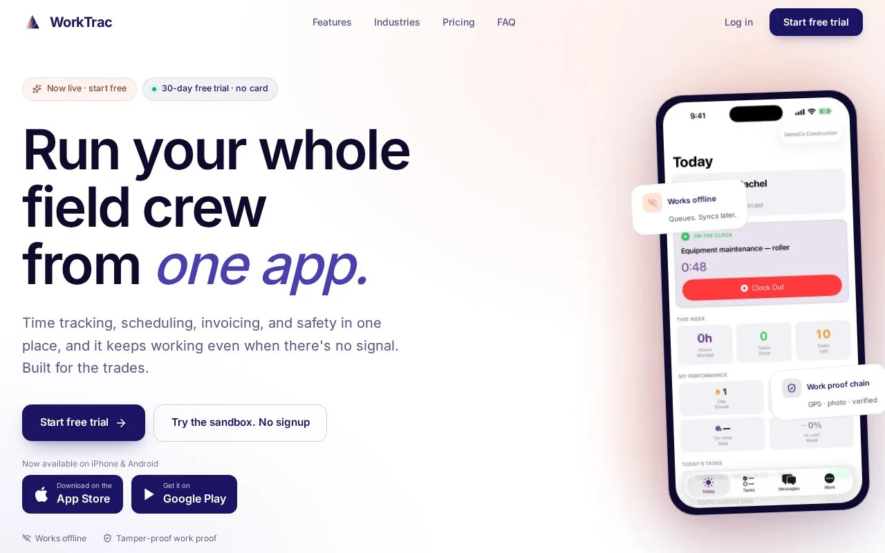 Screenshot of the WorkTrac homepage