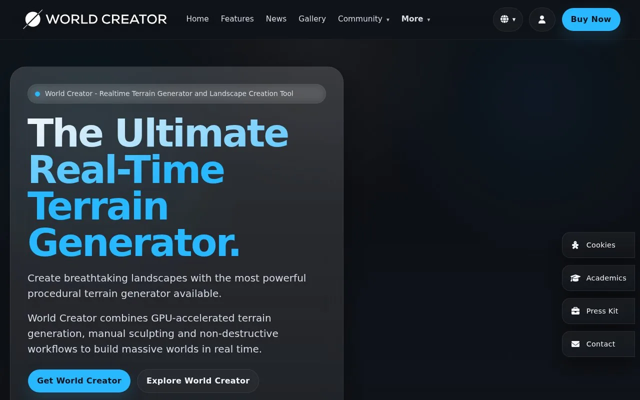 Screenshot of the World Creator homepage