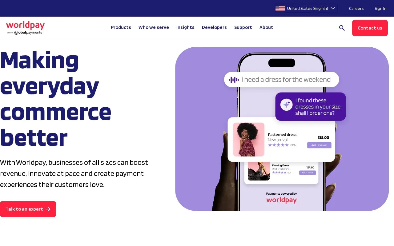 Screenshot of the Worldpay homepage
