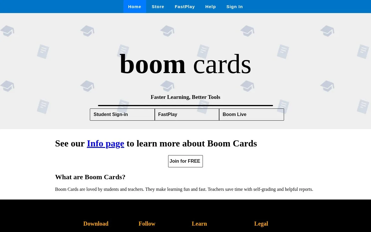 Screenshot of the Boom Cards homepage