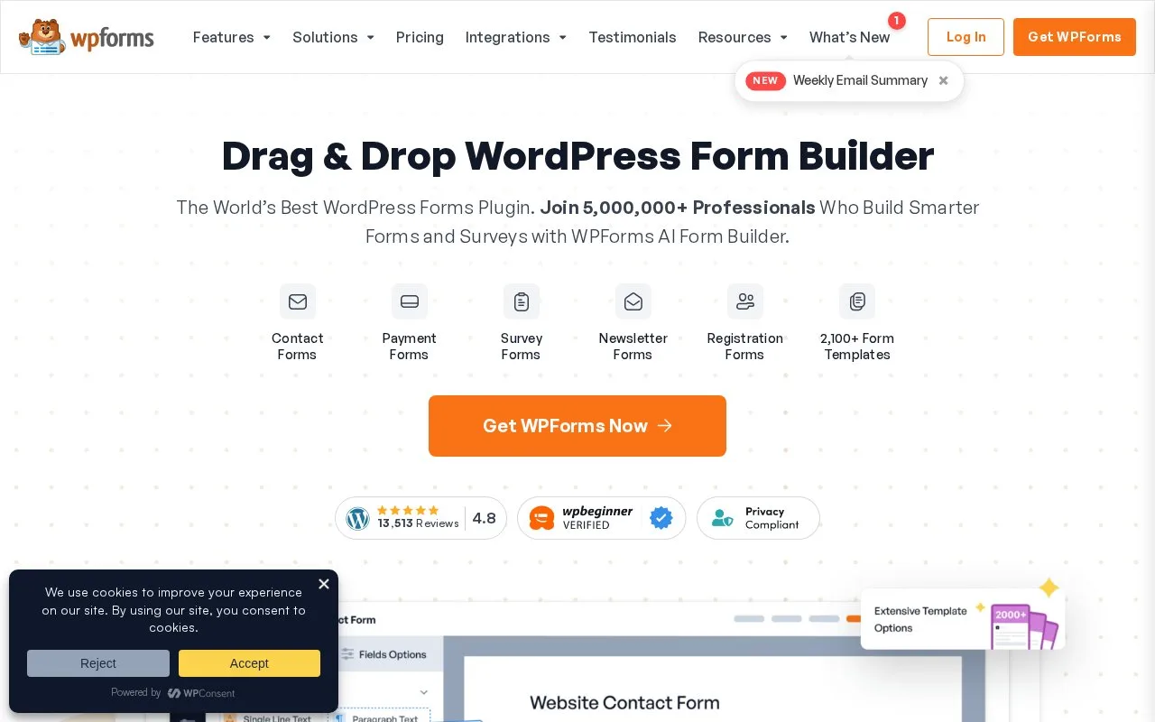 Screenshot of the WPForms homepage