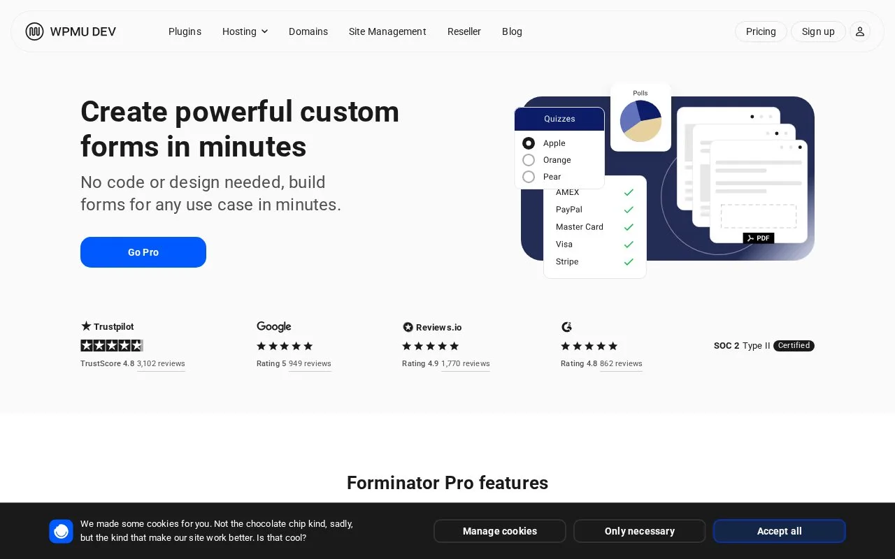 Screenshot of the Forminator homepage