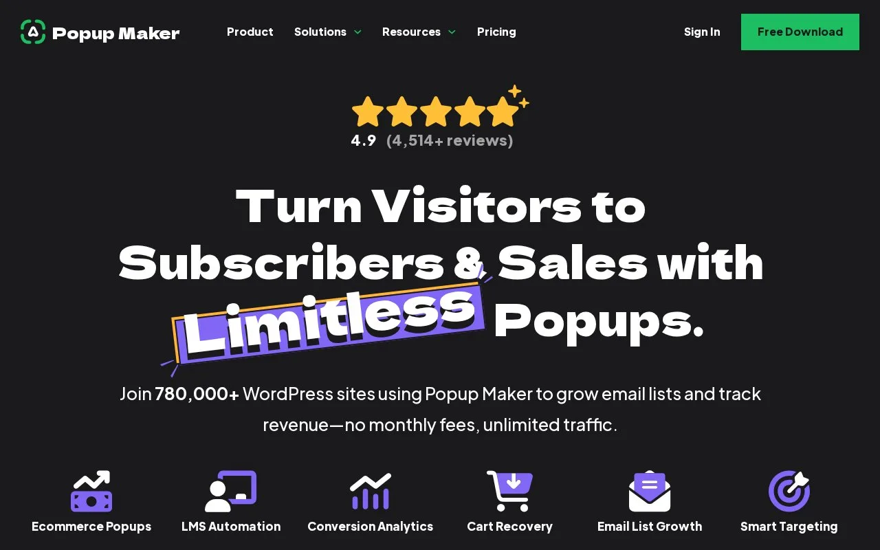 Screenshot of the Popup Maker homepage