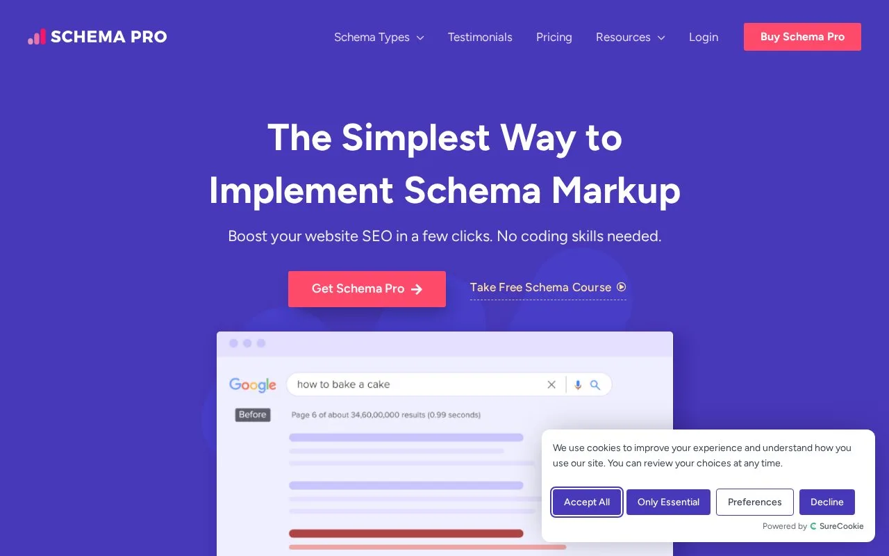 Screenshot of the Schema Pro homepage