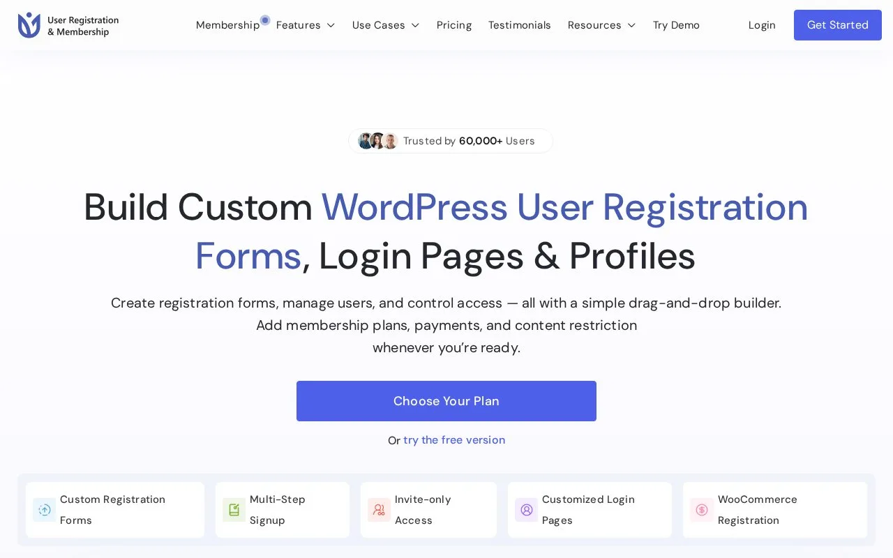 Screenshot of the User Registration & Membership homepage