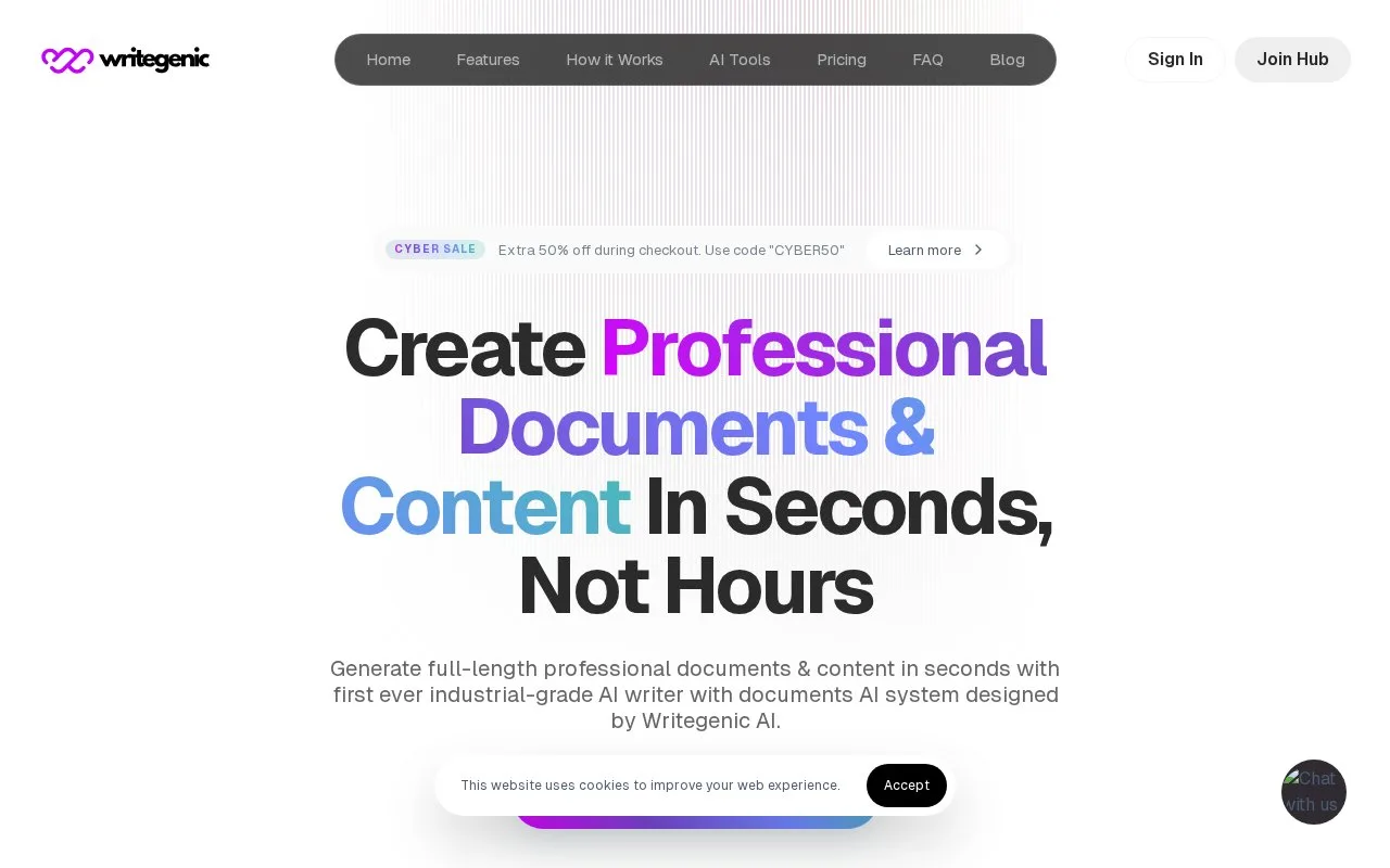 Screenshot of the Writegenic AI homepage