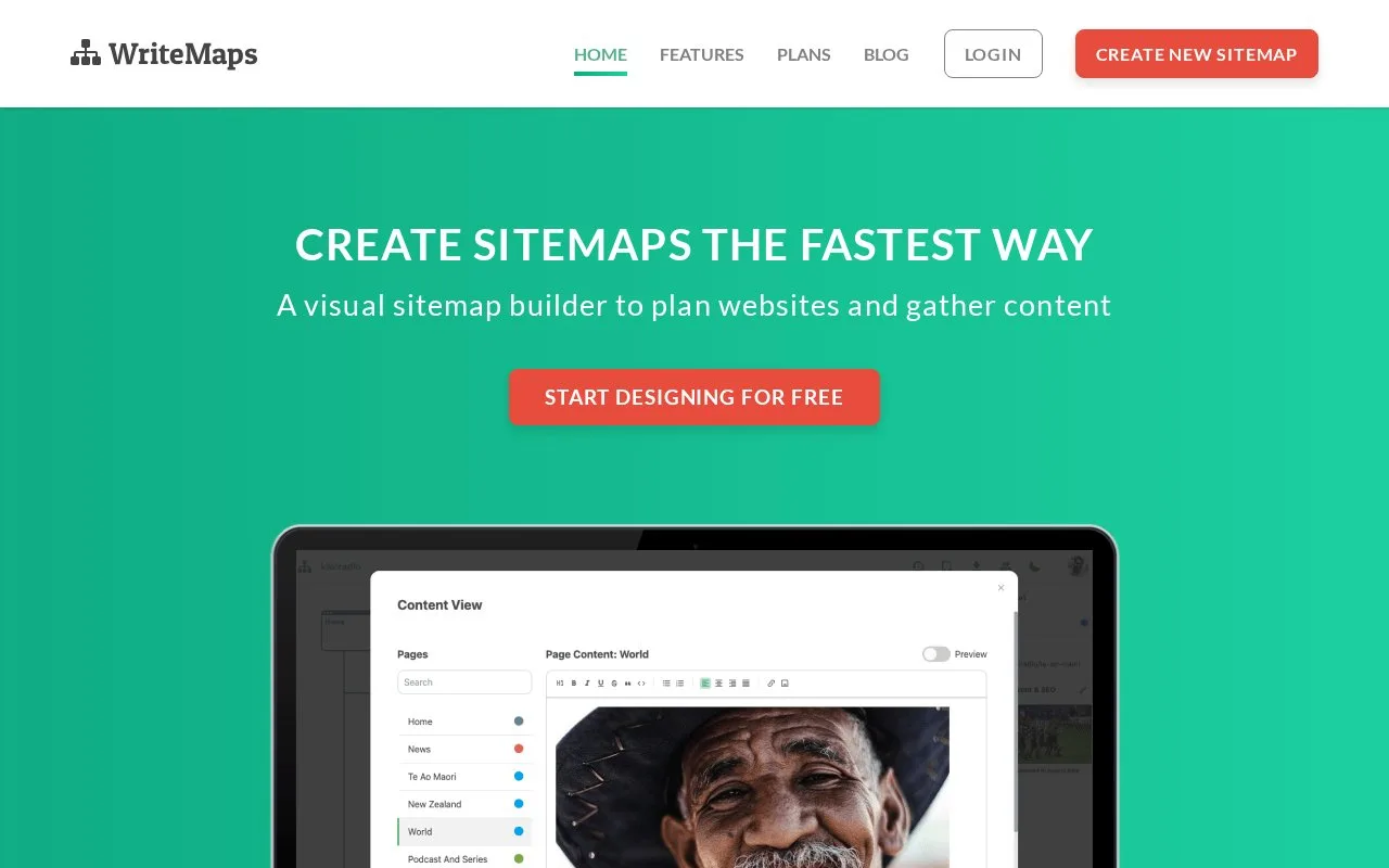Screenshot of the WriteMaps homepage