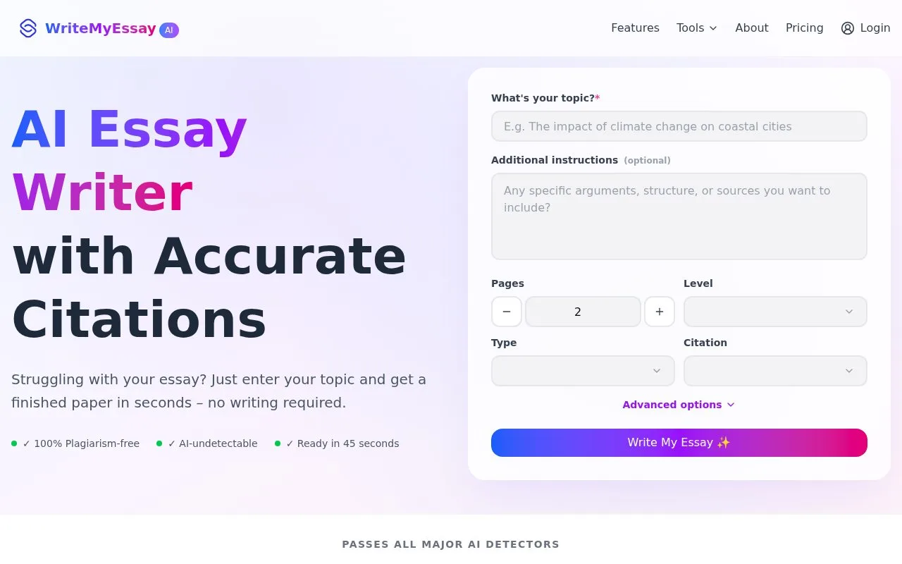 Screenshot of the WriteMyEssay.AI homepage