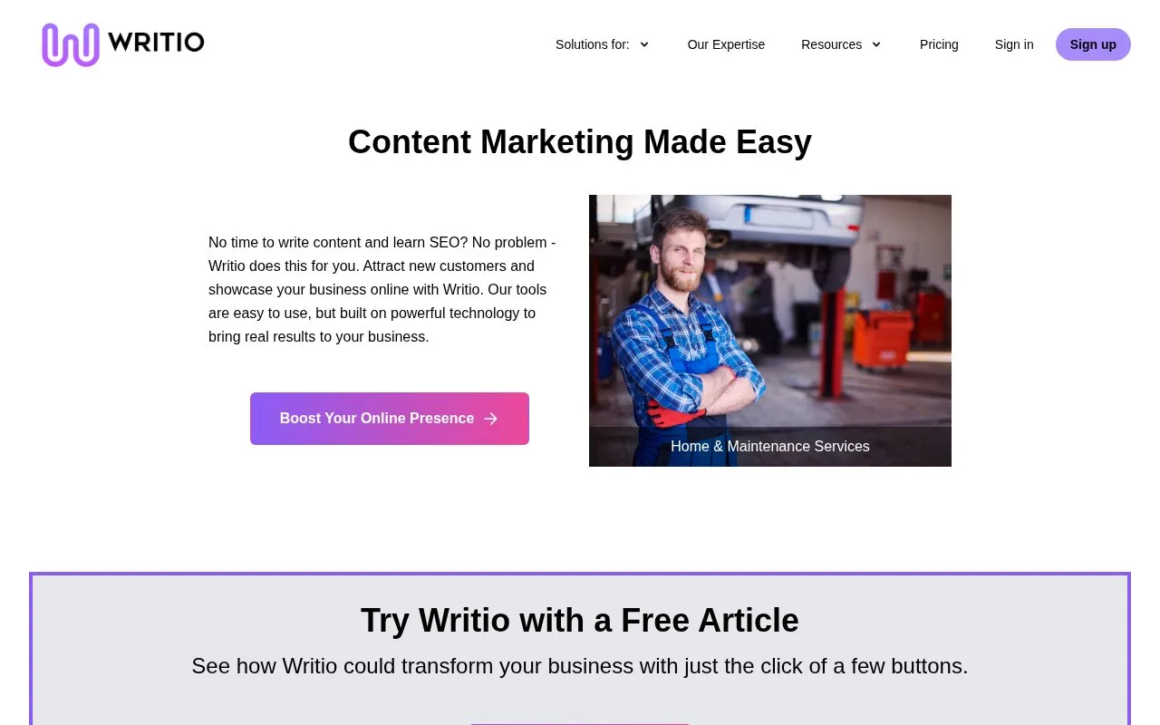 Screenshot of the Writio homepage