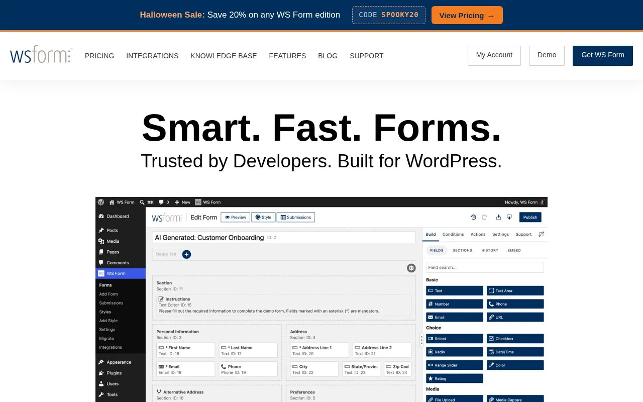 Screenshot of the WS Form homepage