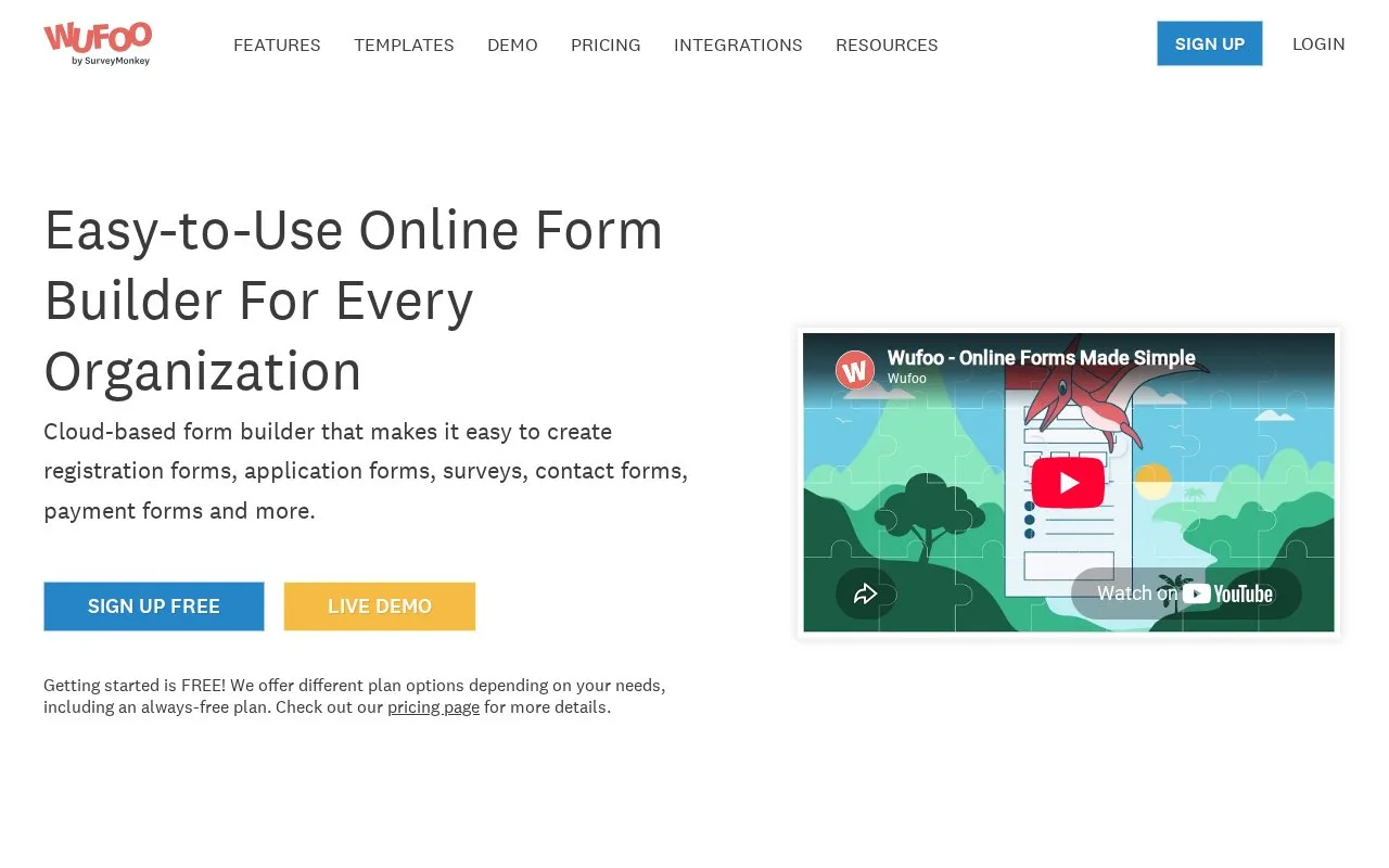 Screenshot of the Wufoo homepage