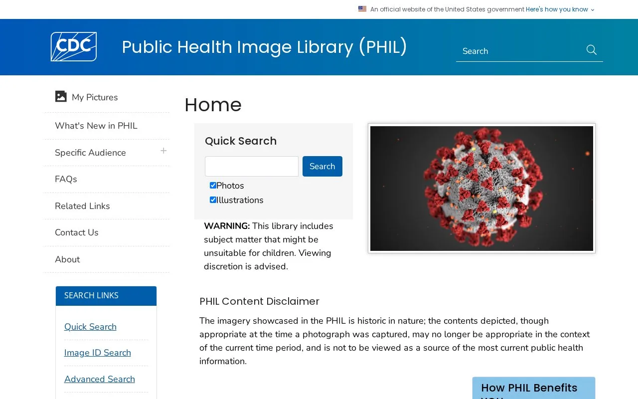 Screenshot of the CDC Public Health Image Library homepage