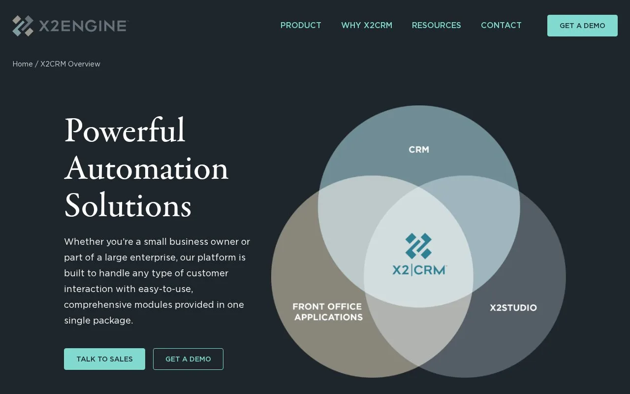 Screenshot of the X2CRM homepage
