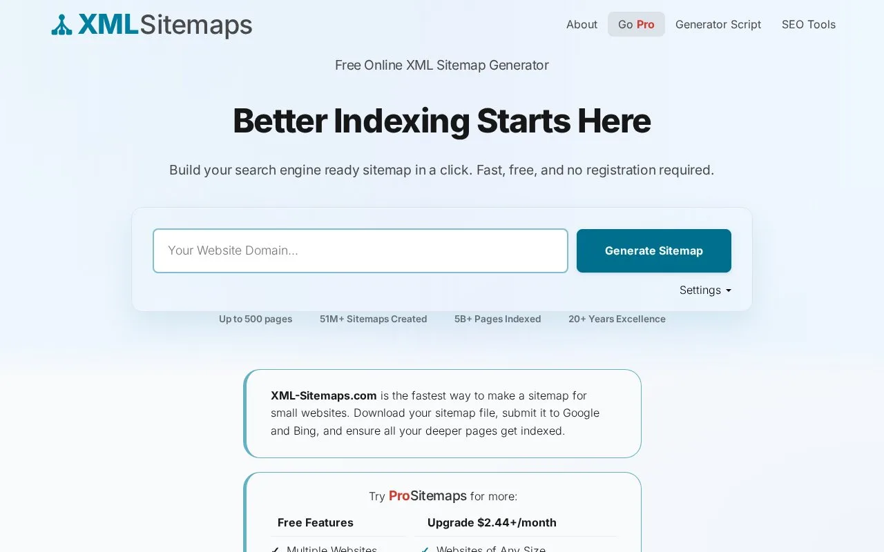 Screenshot of the XML-Sitemaps.com homepage