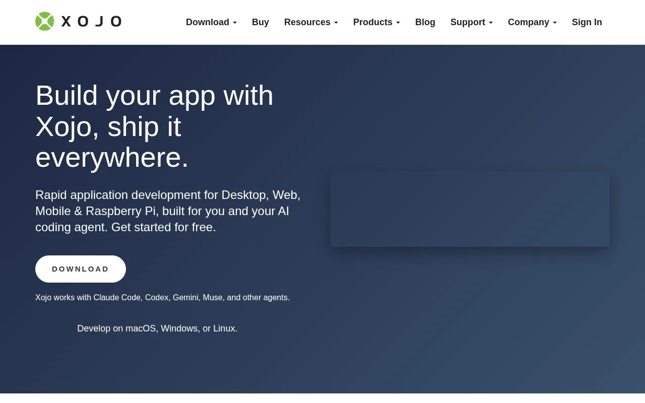 Screenshot of the Xojo homepage