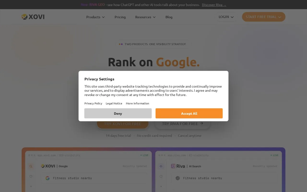 Screenshot of the XOVI homepage