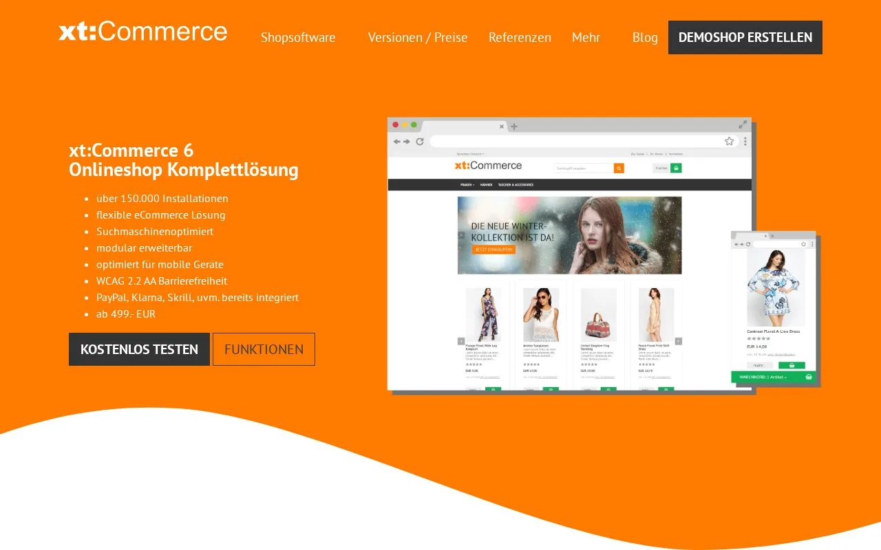 Screenshot of the xt:Commerce homepage