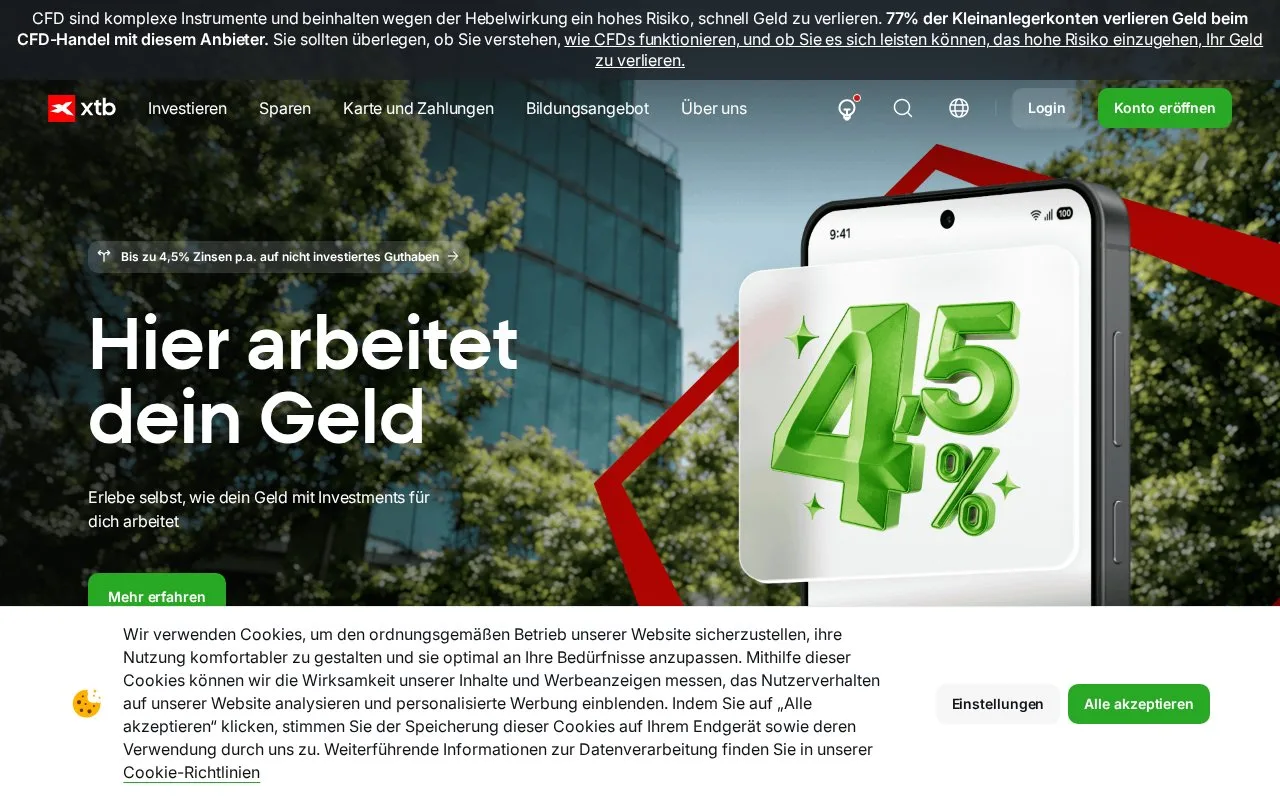 Screenshot of the XTB homepage