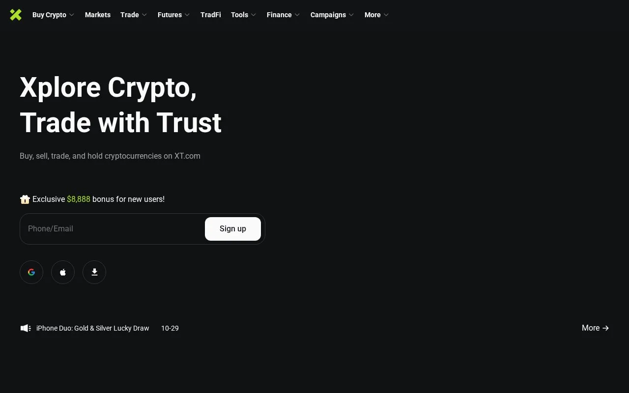 Screenshot of the XT.COM homepage