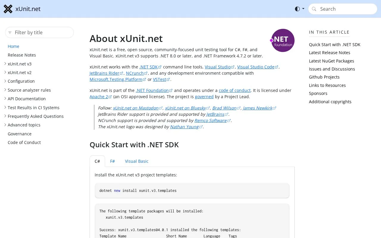 Screenshot of the xUnit.net homepage