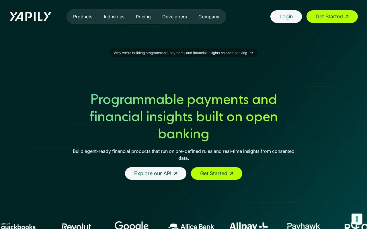 Screenshot of the Yapily homepage