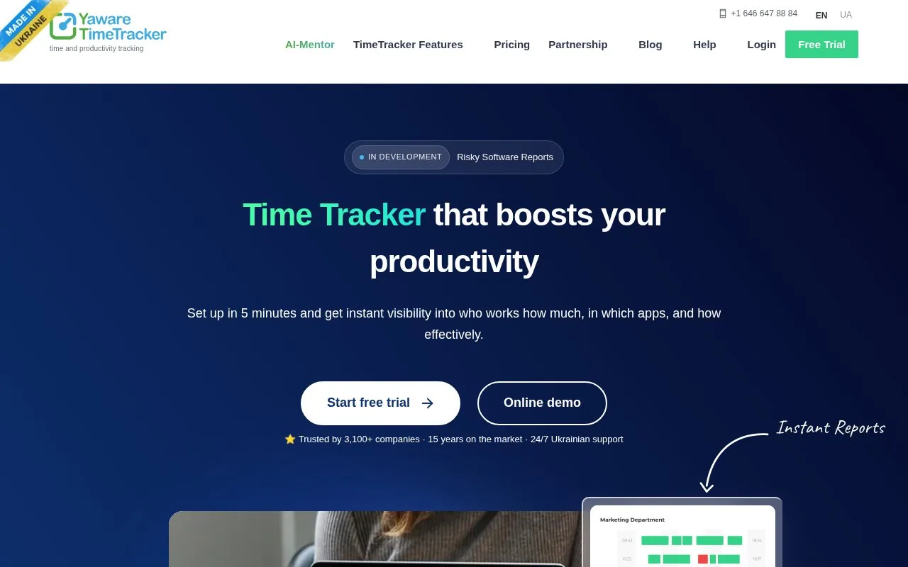 Screenshot of the Yaware.TimeTracker homepage
