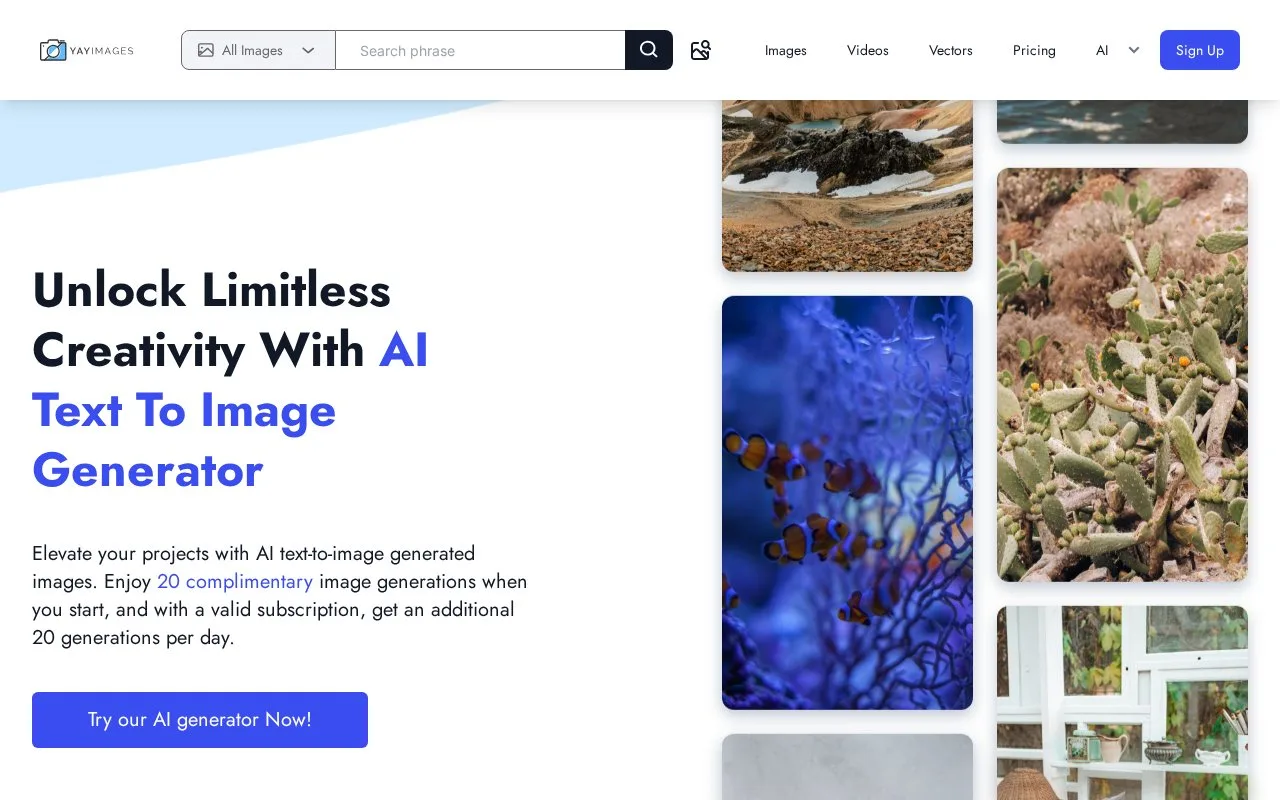 Screenshot of the YAY Images homepage