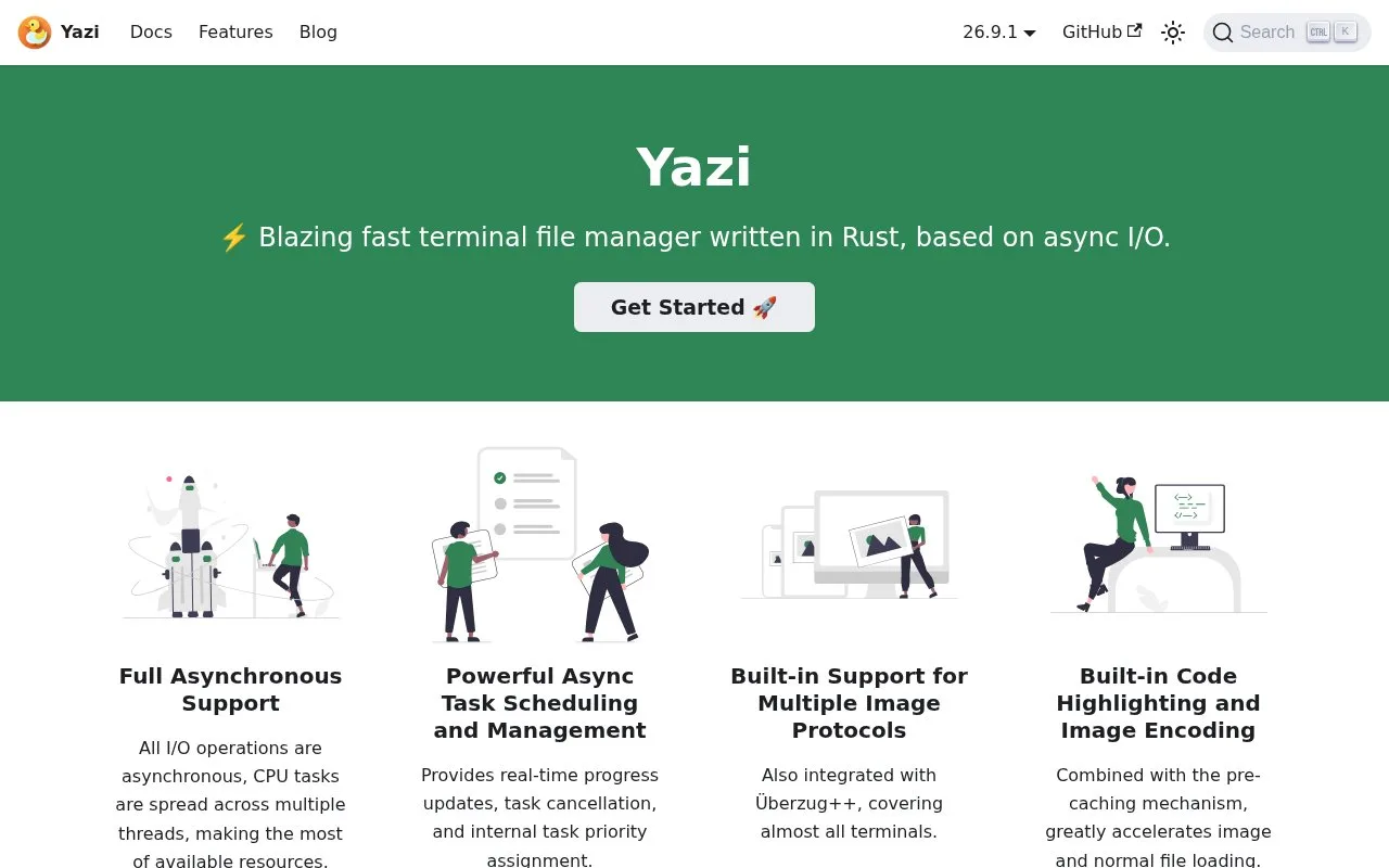 Screenshot of the Yazi homepage