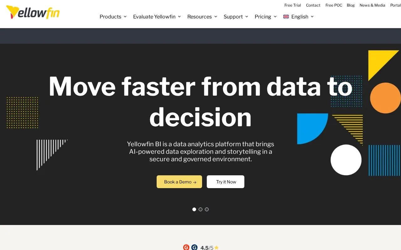 Screenshot of the Yellowfin homepage