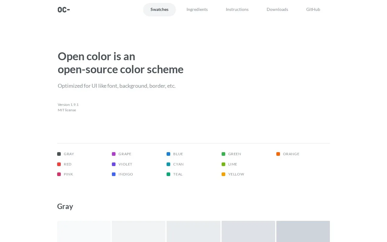 Screenshot of the Open Color homepage