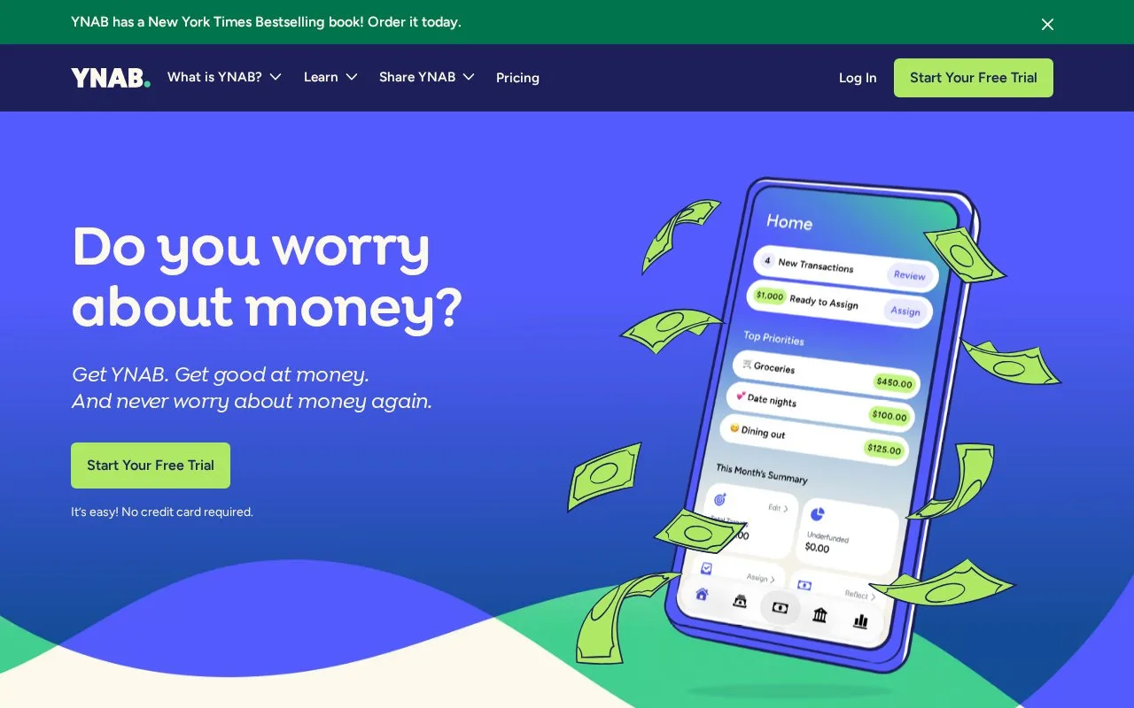 Screenshot of the YNAB homepage
