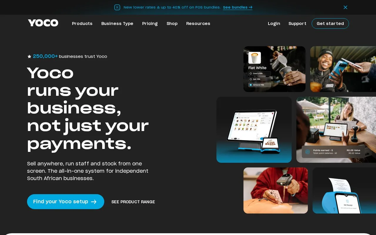 Screenshot of the Yoco homepage
