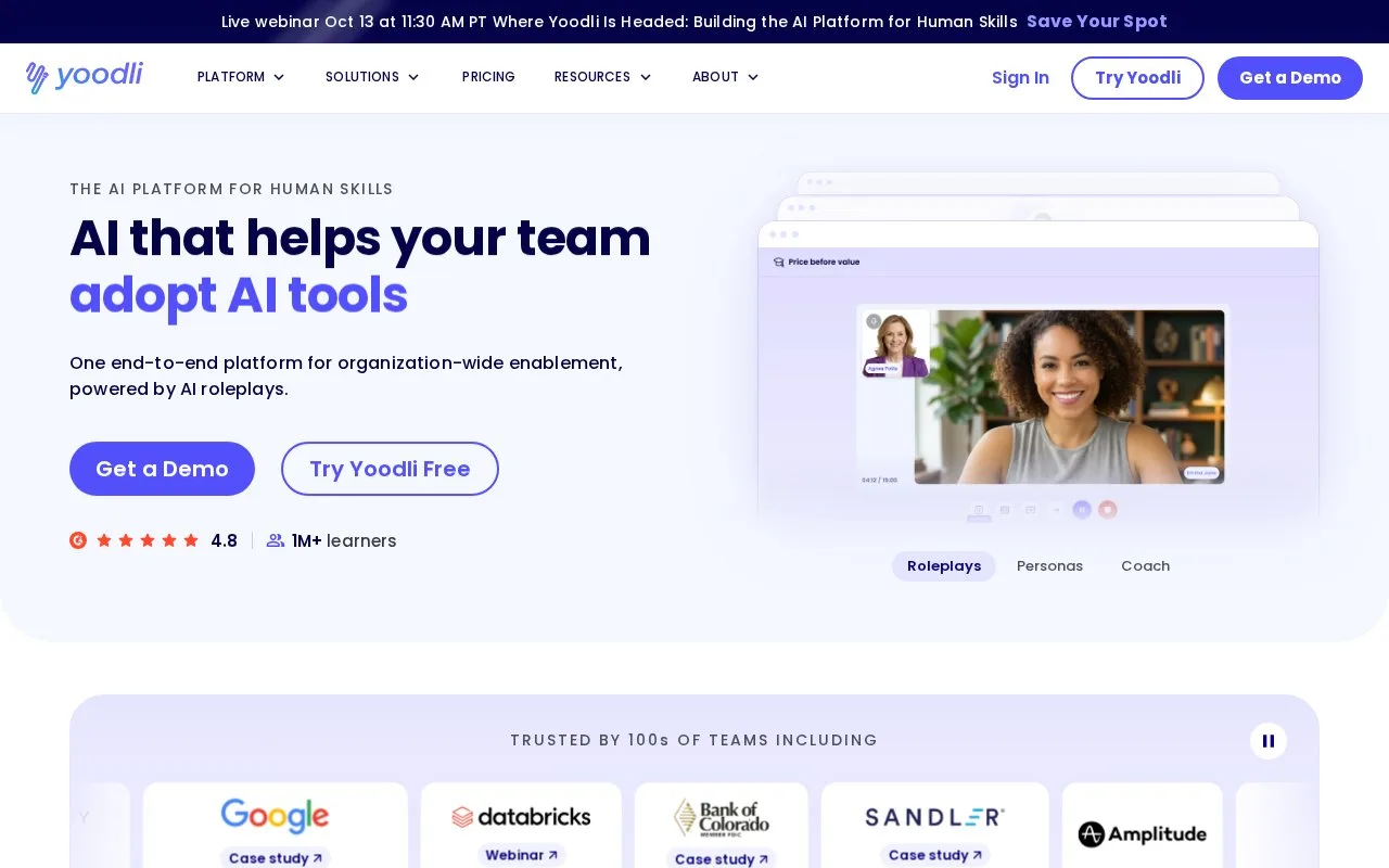 Screenshot of the Yoodli homepage