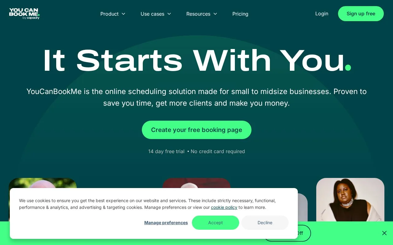 Screenshot of the YouCanBookMe homepage