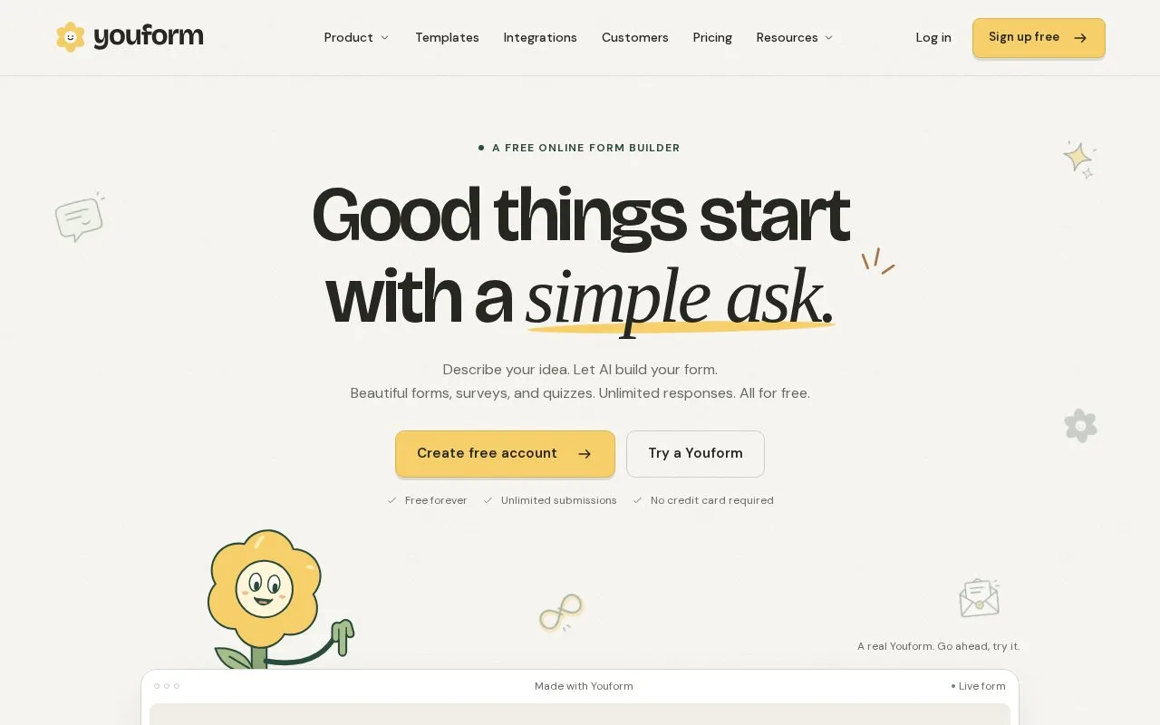 Screenshot of the Youform homepage