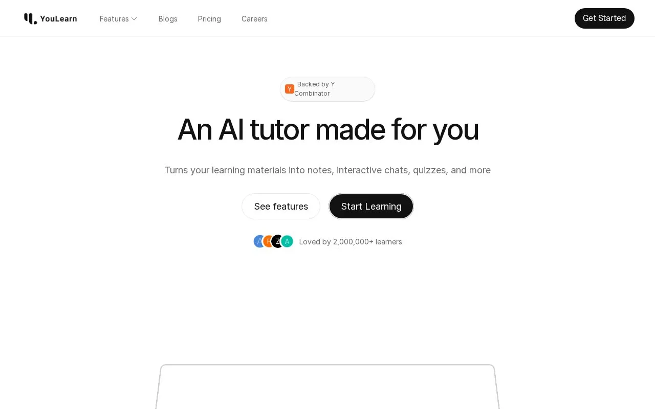 Screenshot of the YouLearn AI homepage