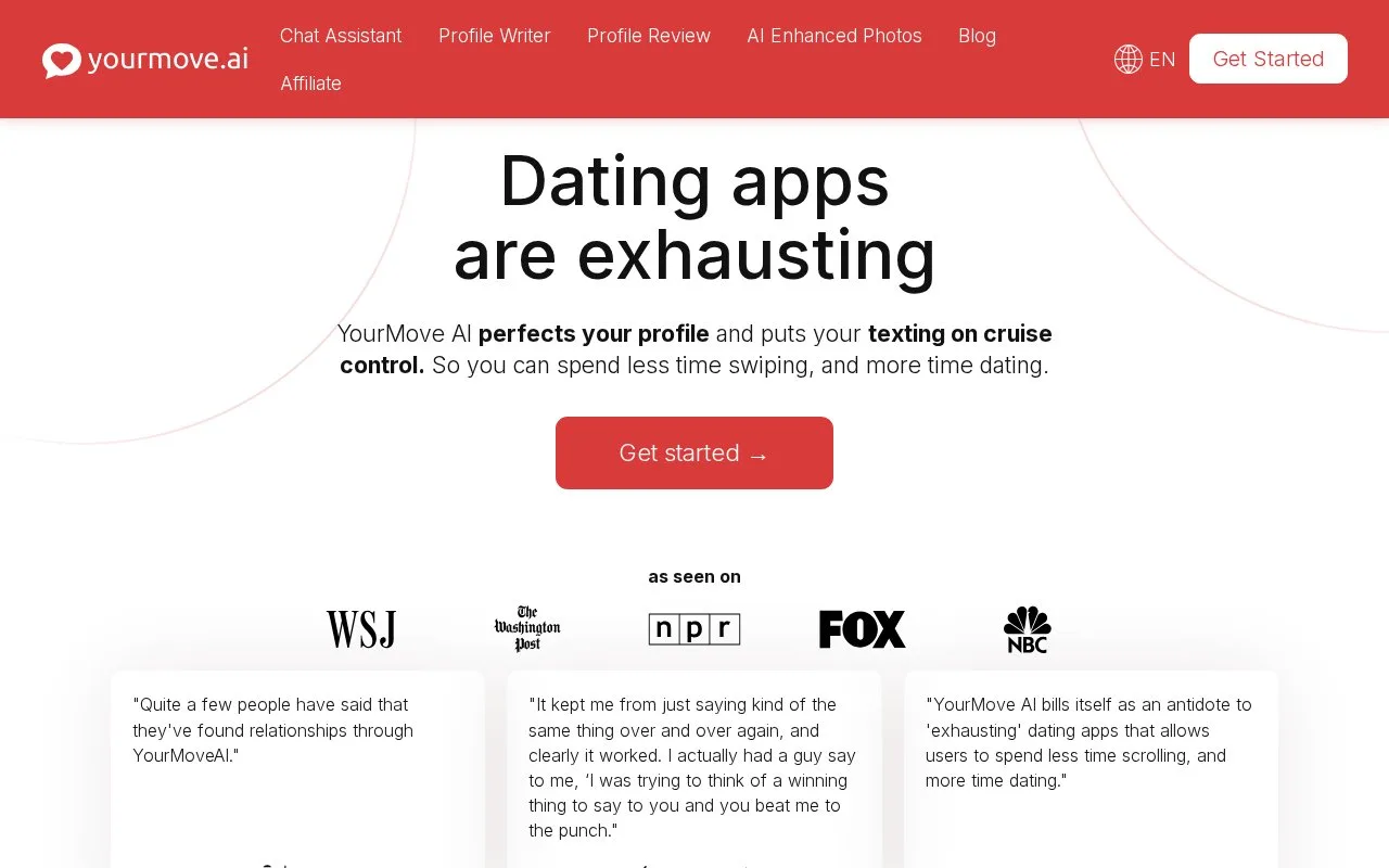 Screenshot of the YourMove AI homepage