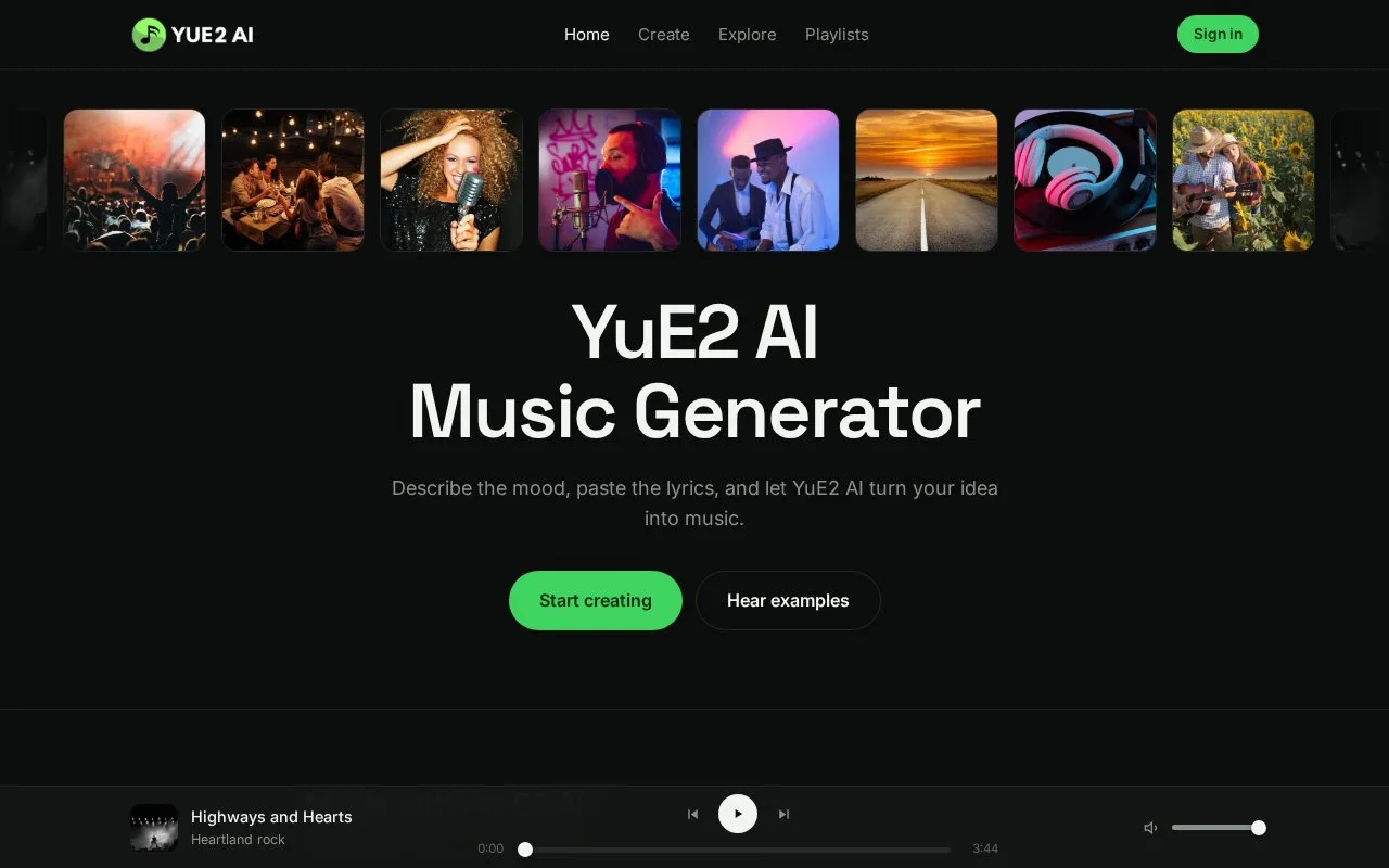 Screenshot of the YuE2 AI homepage