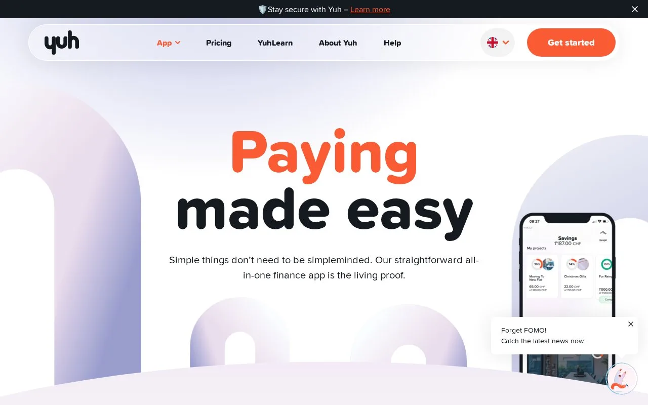 Screenshot of the Yuh homepage
